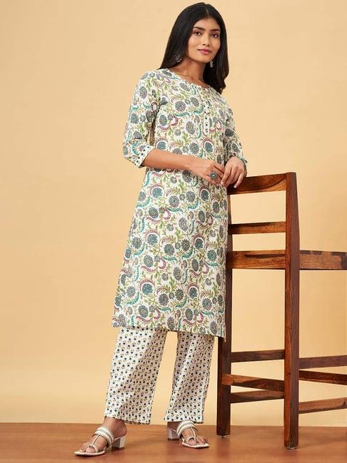 yu by pantaloons white cotton printed kurta palazzo set