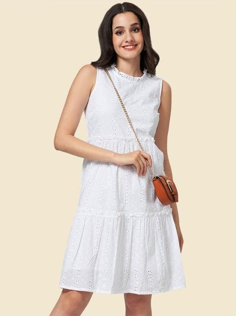 yu by pantaloons white cotton self pattern a-line dress