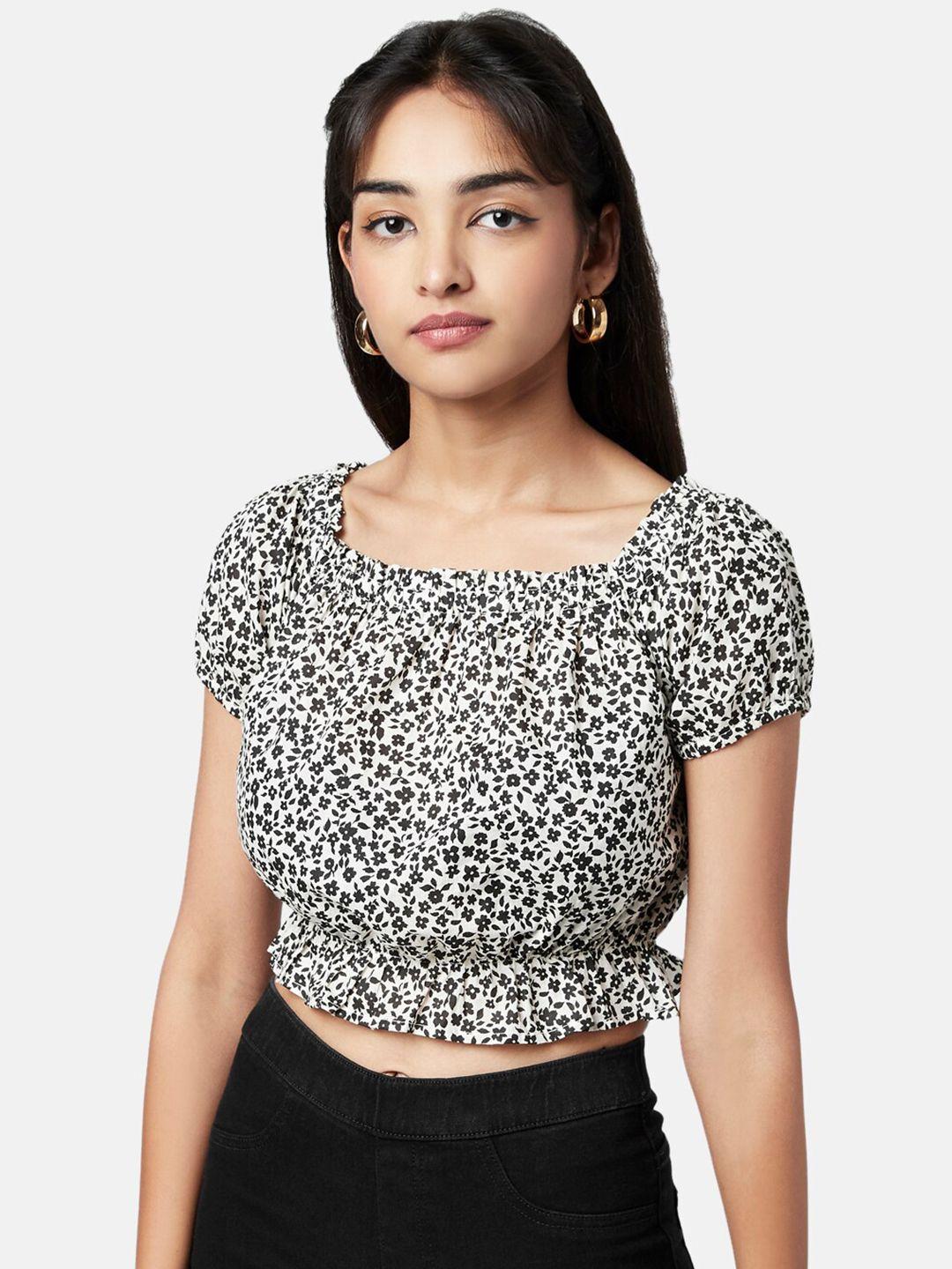 yu by pantaloons white floral print blouson crop top