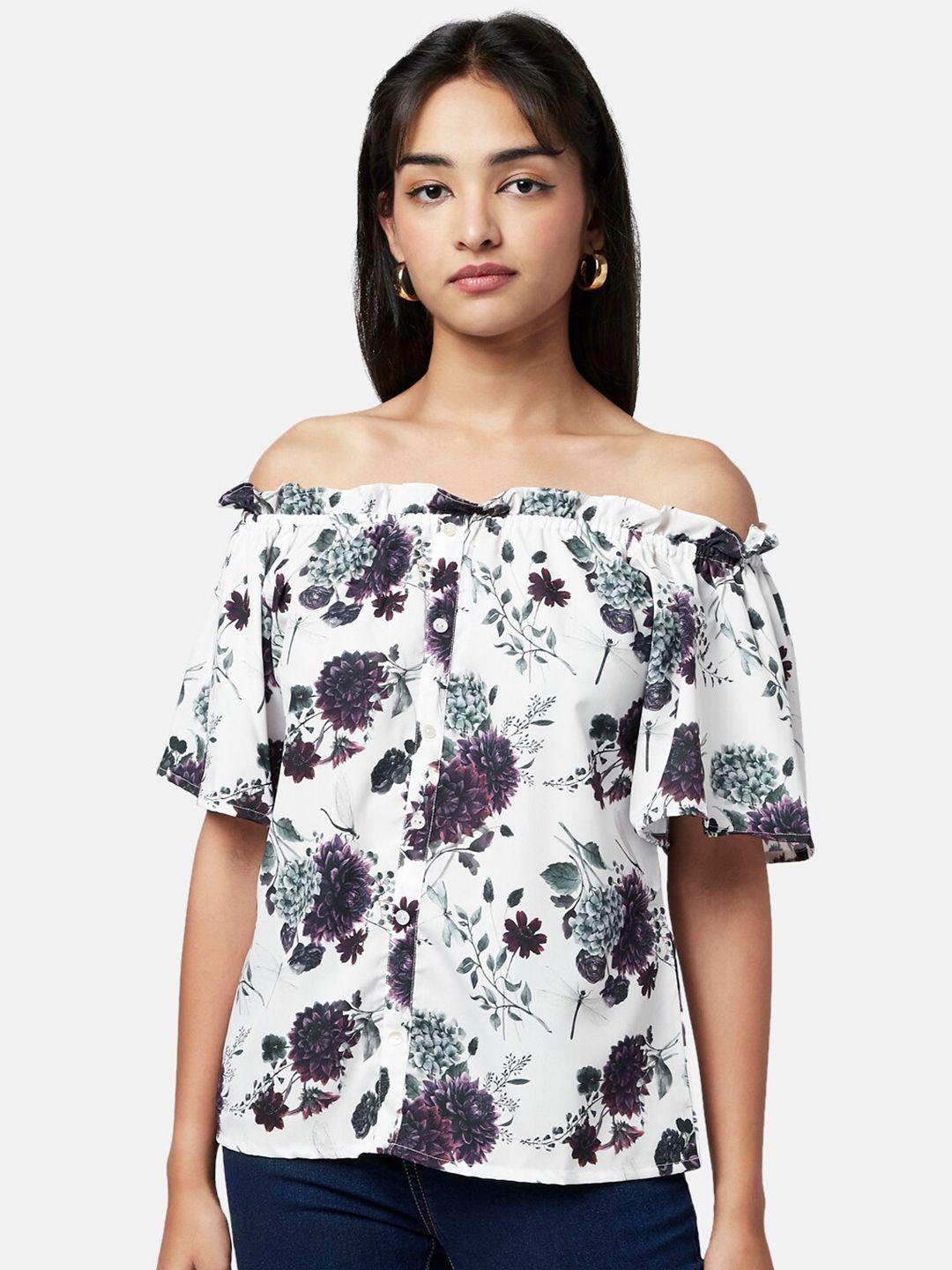 yu by pantaloons white floral printed off-shoulder bardot top