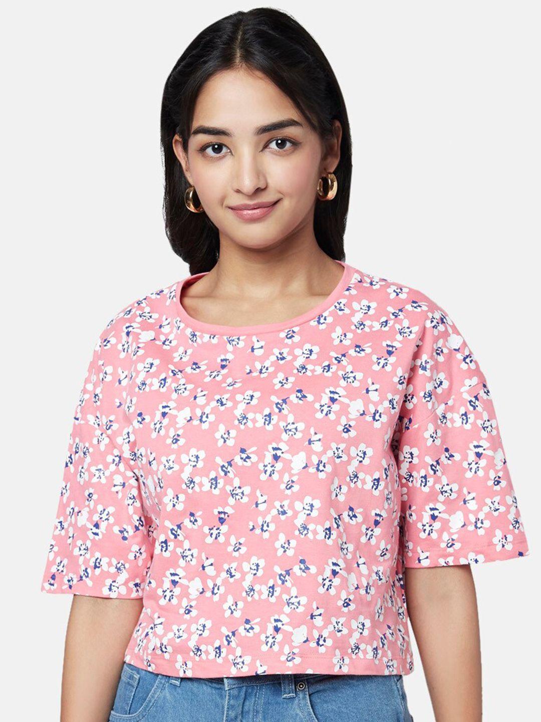 yu by pantaloons women floral printed drop-shoulder sleeves cotton t-shirt
