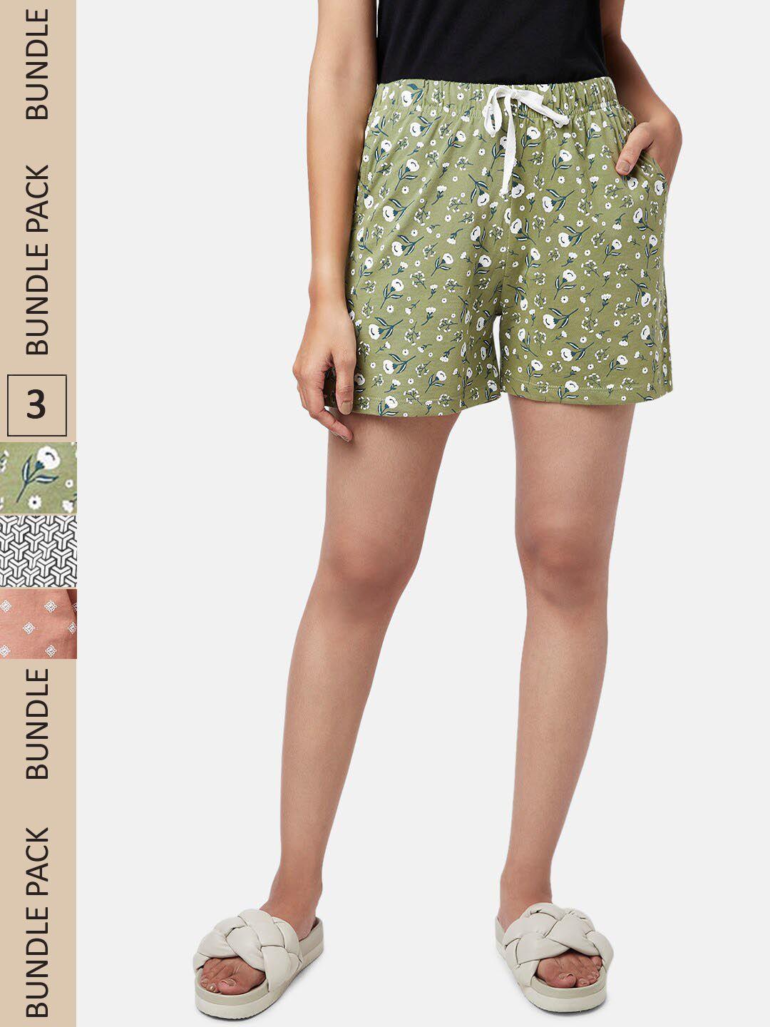 yu by pantaloons women green & pink pack of 3 printed lounge shorts