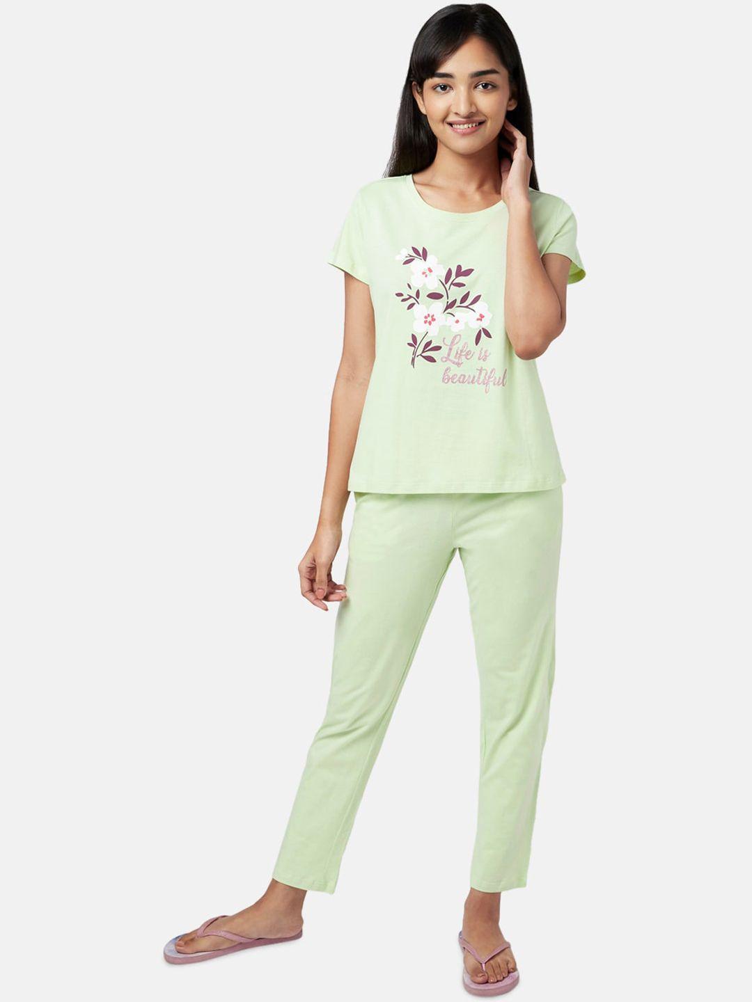 yu by pantaloons women green & white printed night suit