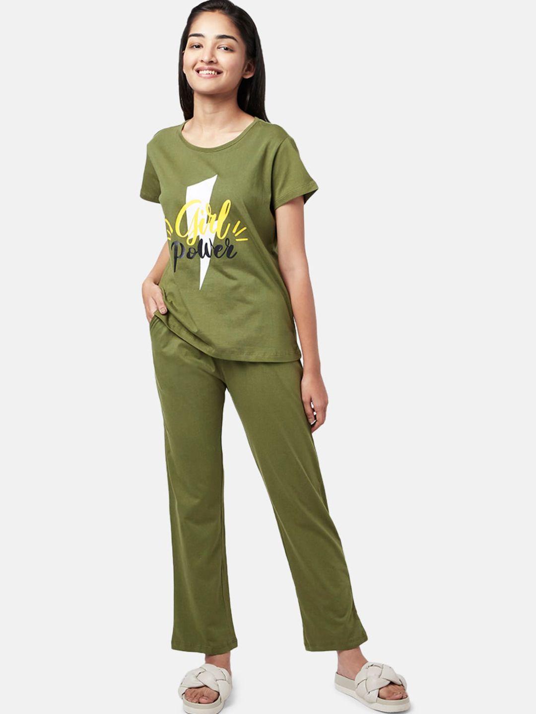 yu by pantaloons women green & yellow printed night suit
