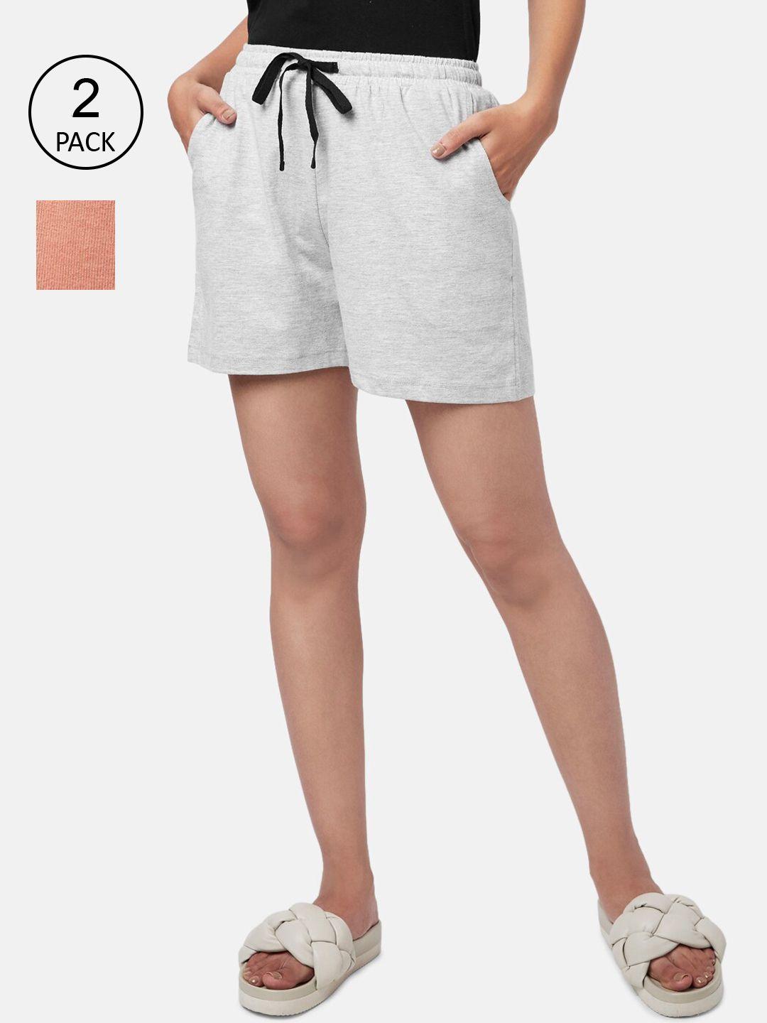yu by pantaloons women grey & coral pack of 2 cotton regular shorts