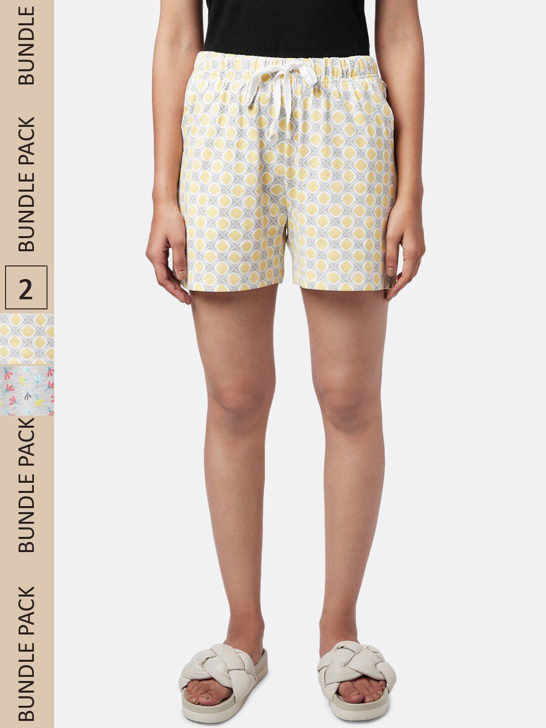 yu by pantaloons women grey & yellow pack of 2 printed lounge shorts