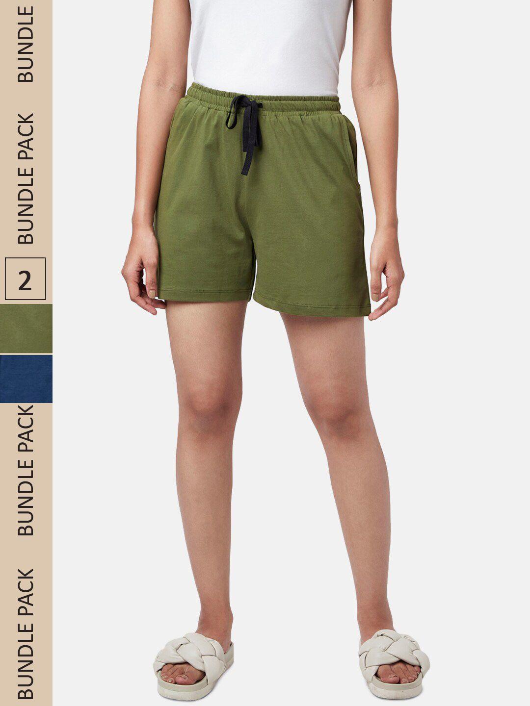 yu by pantaloons women navy blue & green pack of 2 lounge shorts