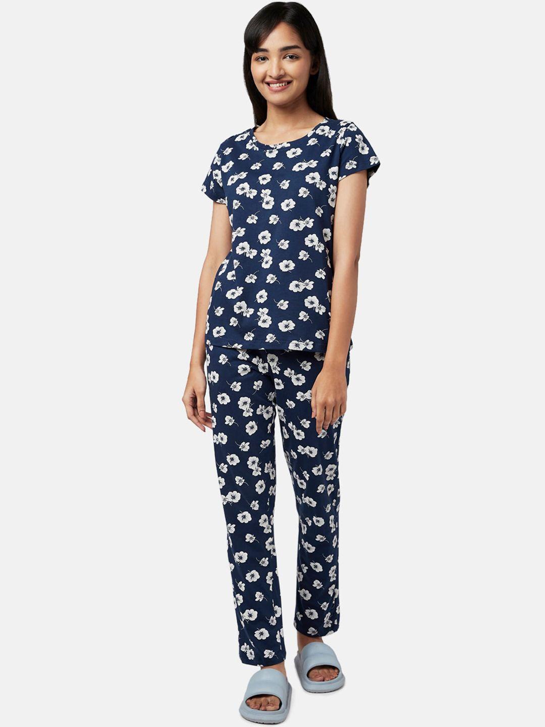 yu by pantaloons women navy blue & white printed night suit