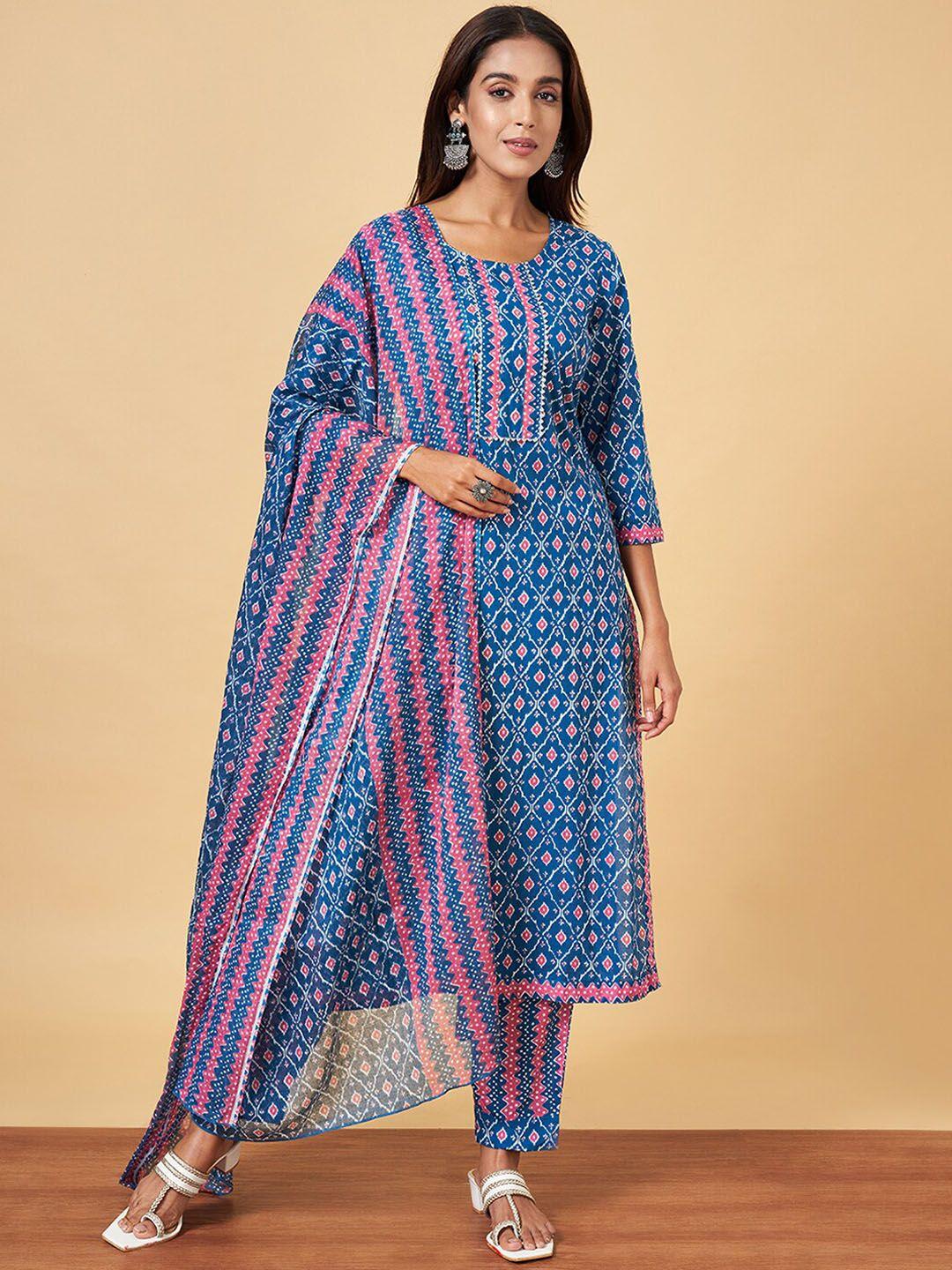 yu by pantaloons women navy blue pure cotton kurta with palazzos & with dupatta