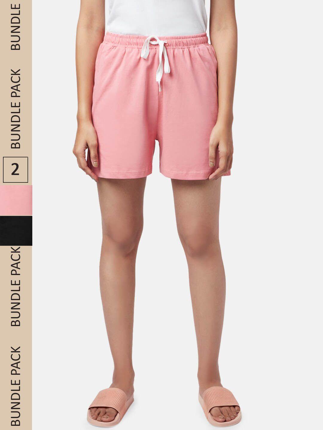 yu by pantaloons women pink & black pack of 2 lounge shorts