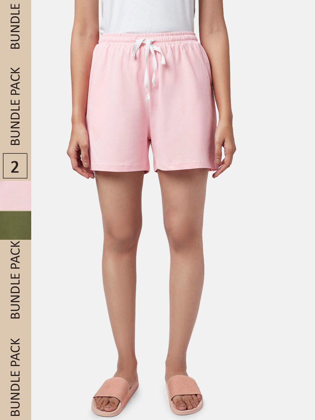 yu by pantaloons women pink & green pack of 2 lounge shorts