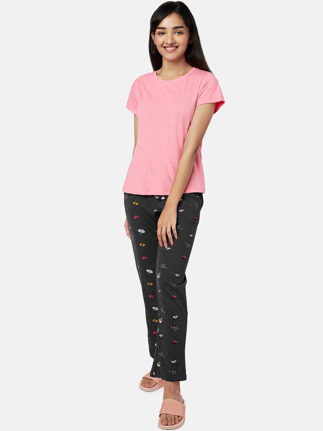 yu by pantaloons women pink & grey printed night suit