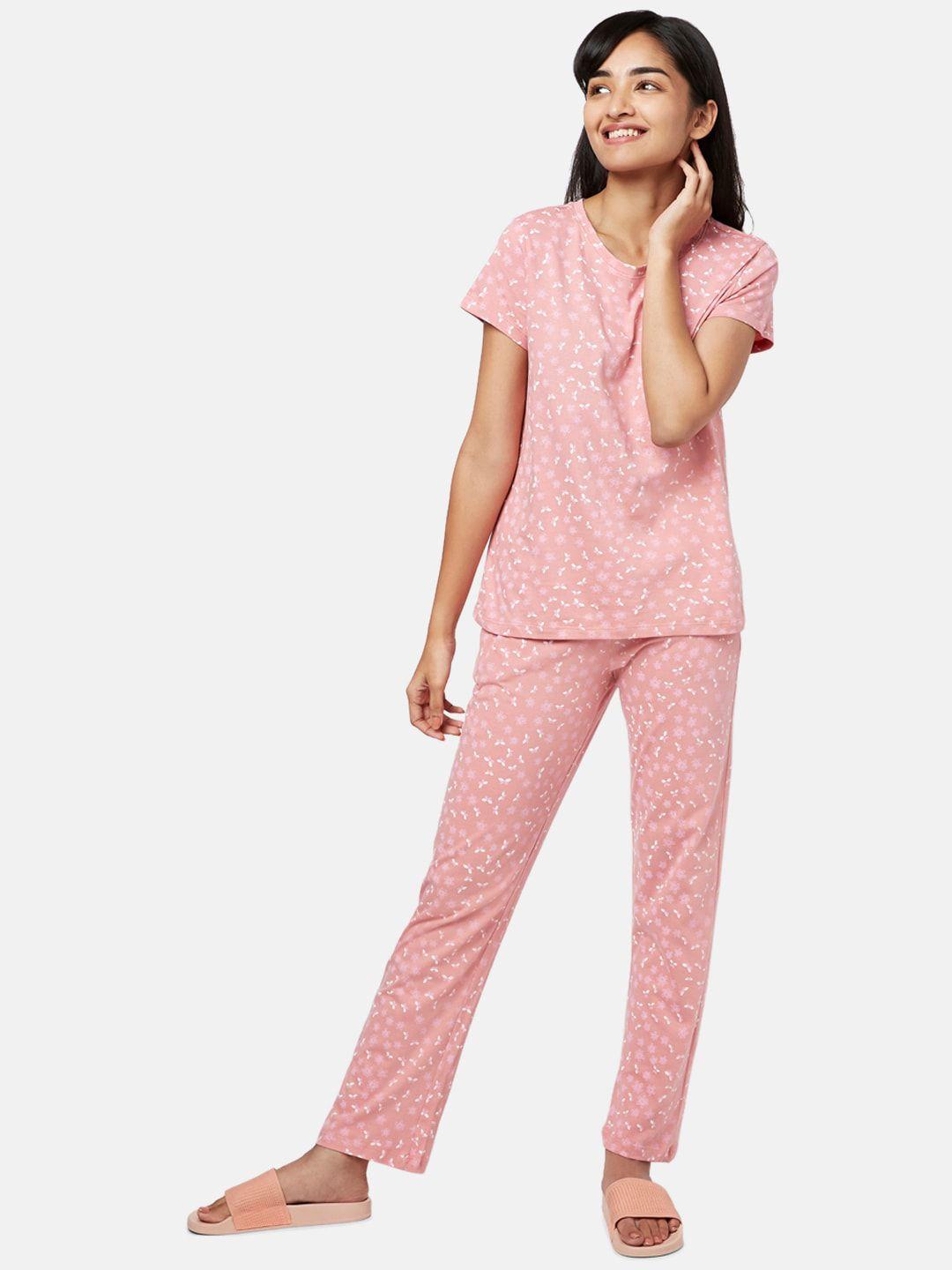 yu by pantaloons women pink & white printed night suit