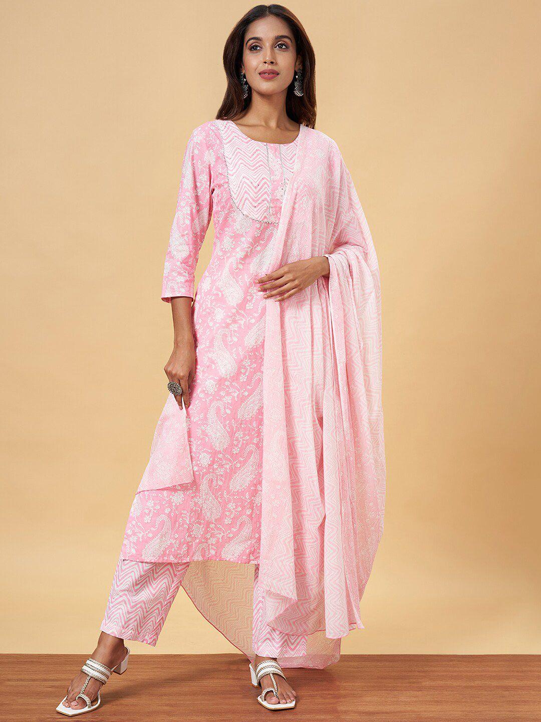 yu by pantaloons women pink paisley printed regular gotta patti pure cotton kurta with trousers & with