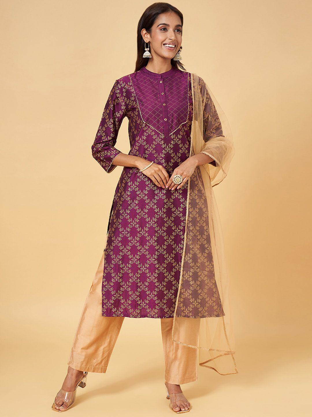 yu by pantaloons women purple ethnic motifs regular kurta with trousers & with dupatta