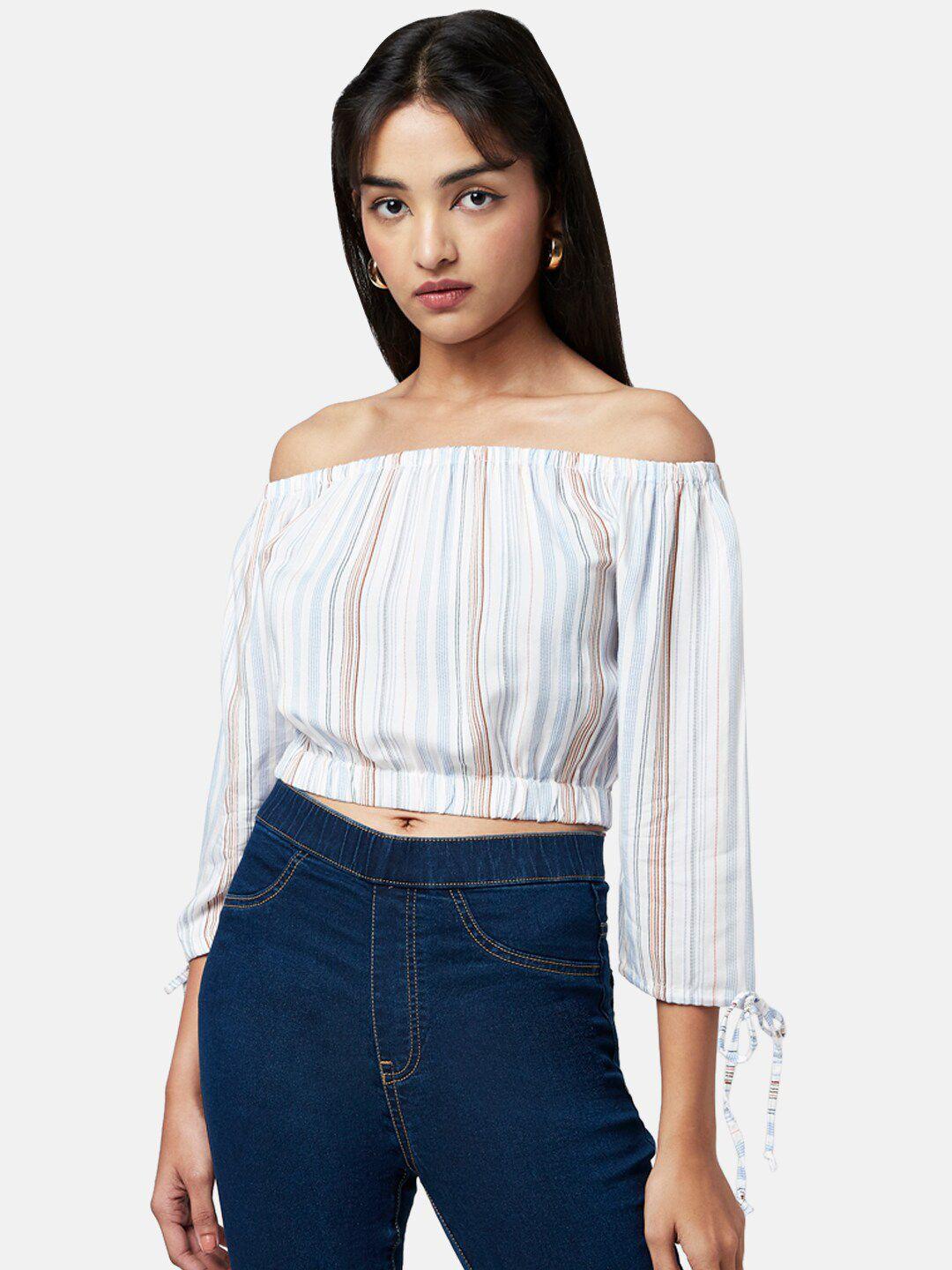 yu by pantaloons women striped off-shoulder bardot crop top