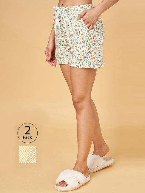 yu by pantaloons yellow & cream cotton printed shorts - pack of 2