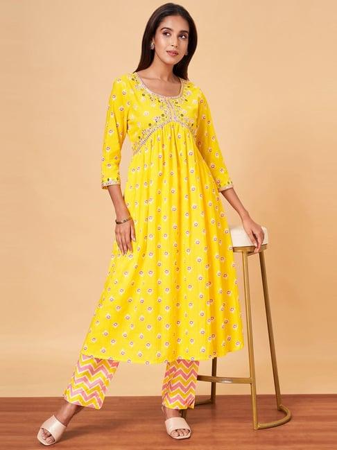 yu by pantaloons yellow cotton embroidered kurta pant set