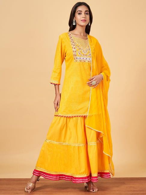 yu by pantaloons yellow cotton embroidered kurti sharara set with dupatta