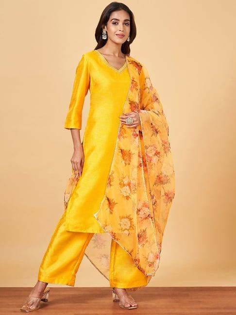 yu by pantaloons yellow embroidered kurta palazzo set with dupatta