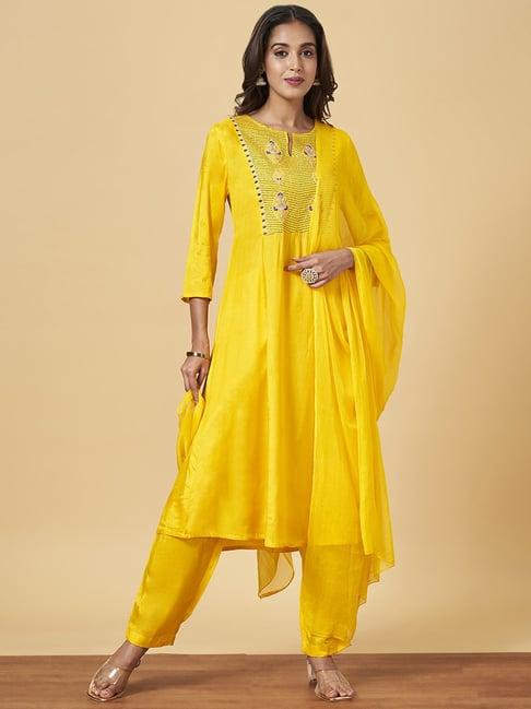 yu by pantaloons yellow embroidered kurta pant set with dupatta