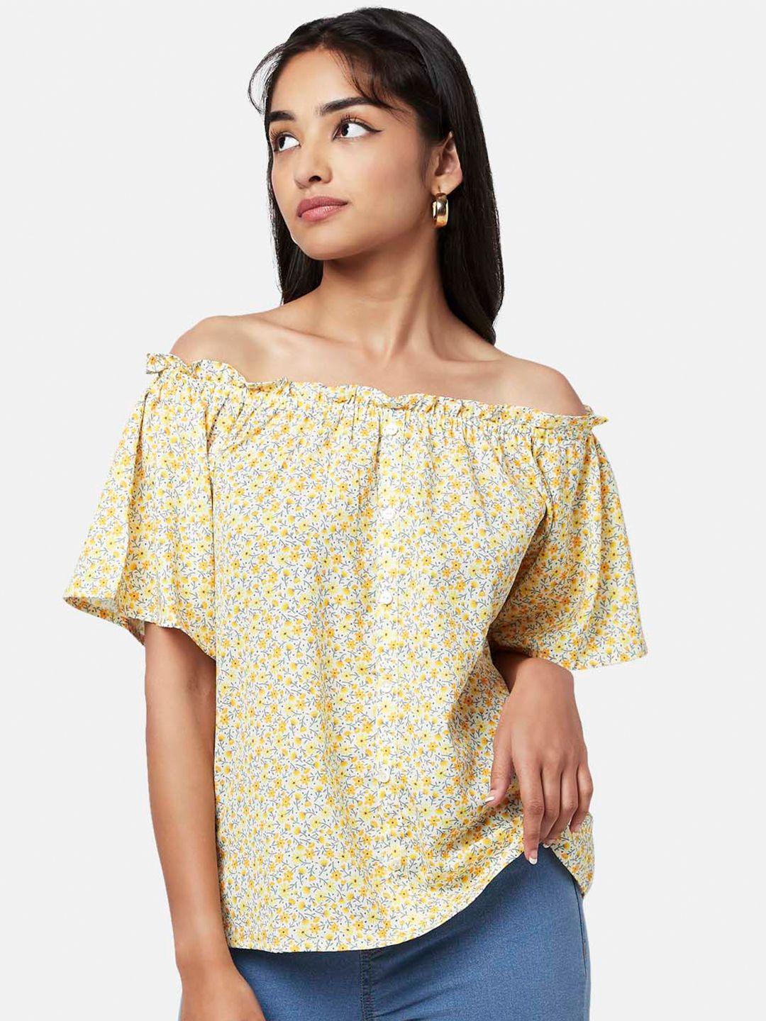 yu by pantaloons yellow floral print off-shoulder bardot top