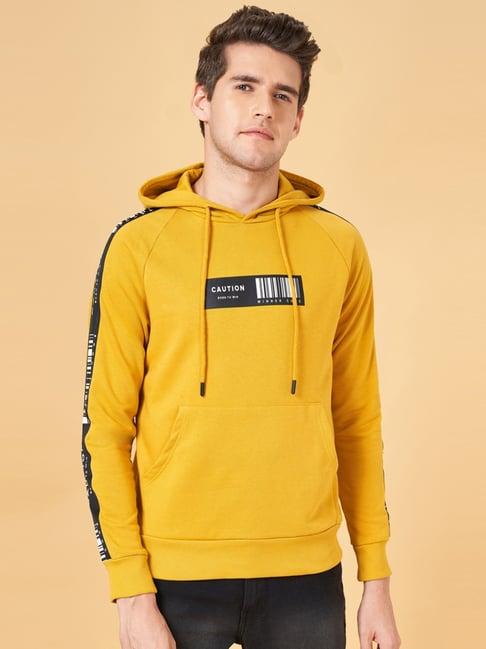 yu by pantaloons yellow regular fit printed hooded sweatshirt