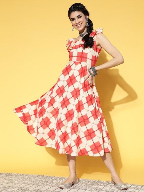 yufta beige & red pure cotton printed maxi dress