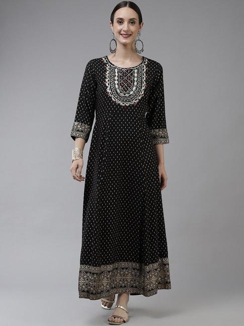 yufta black pure cotton embroidered maxi dress
