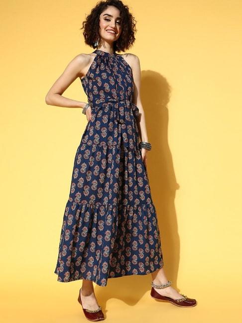 yufta blue pure cotton printed maxi dress
