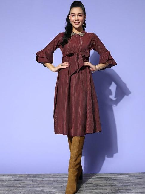 yufta brown pure cotton striped a-line dress