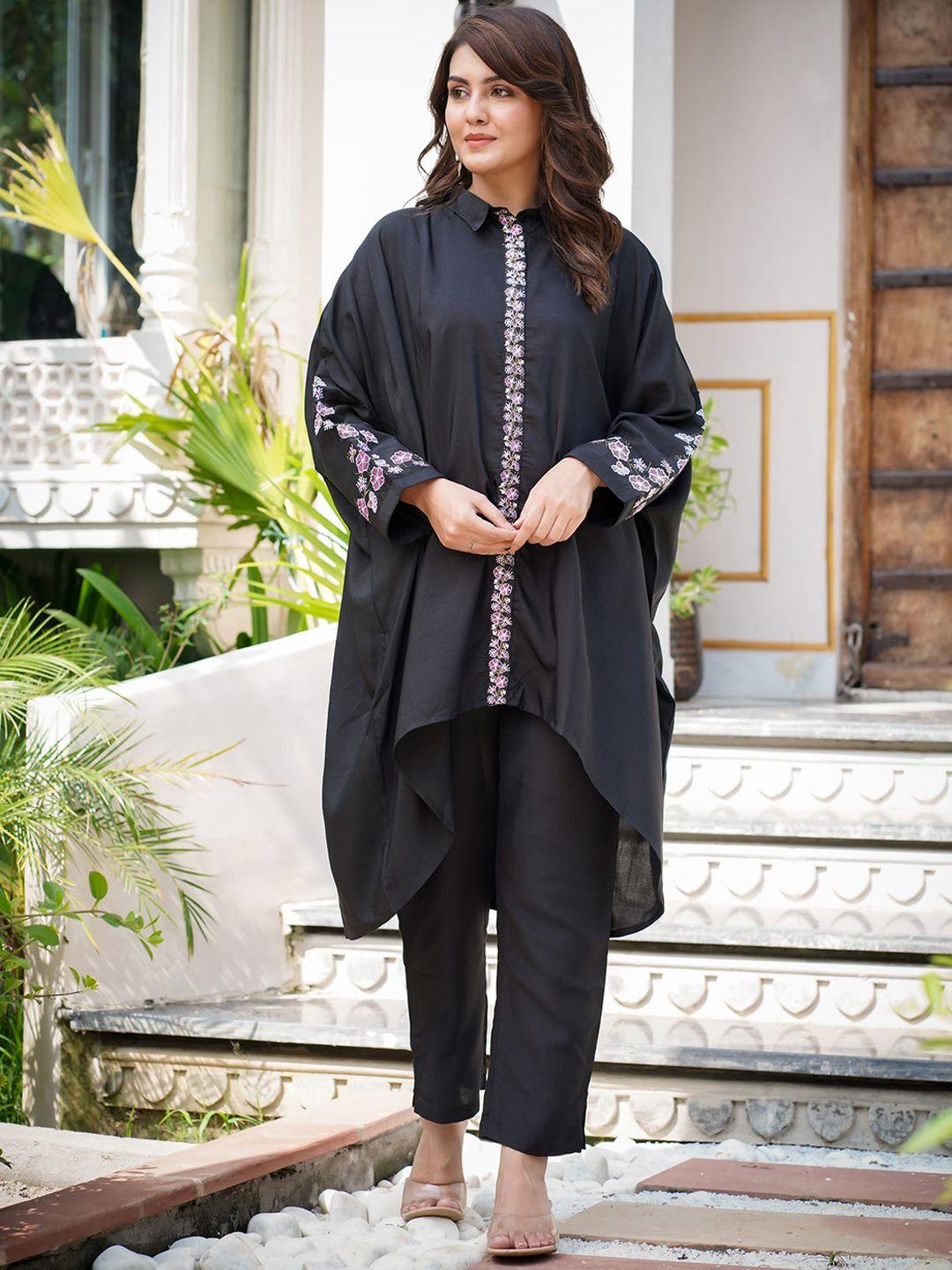 yufta floral embroidered high-low oversized tunic with trousers