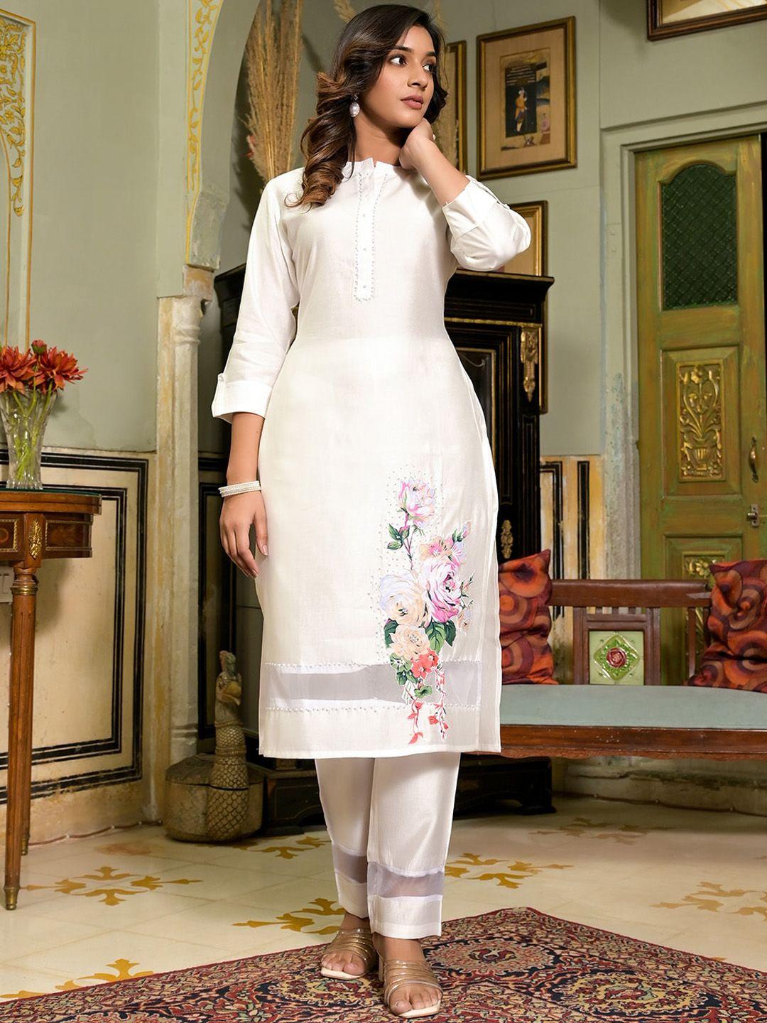 yufta floral embroidered patchwork mandarin collar pure silk kurta with trousers