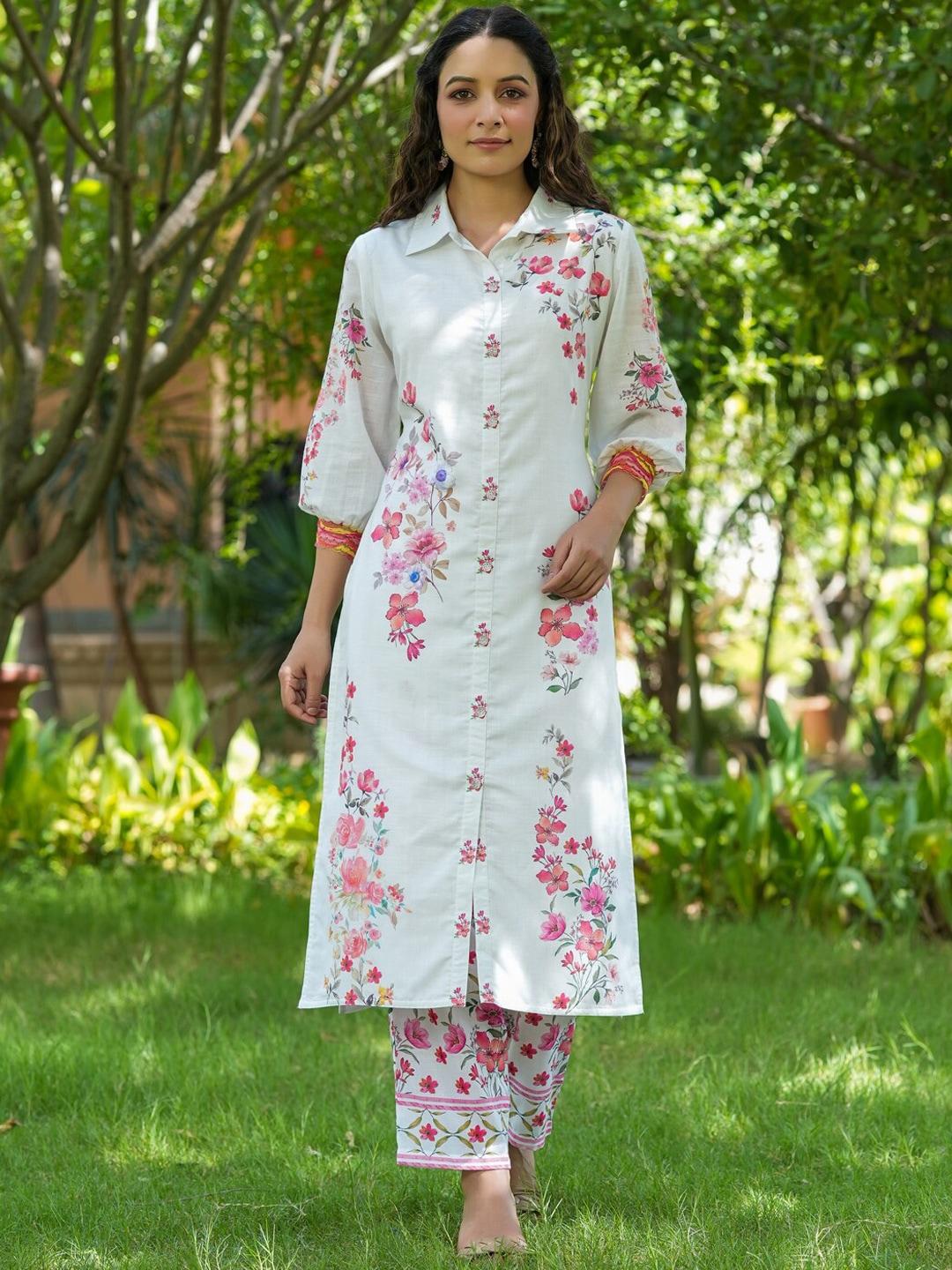 yufta floral printed pure cotton kurta with trousers