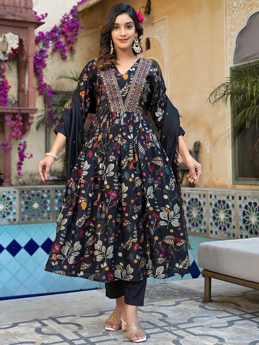 yufta floral printed sequinned a-line kurta with trousers & dupatta