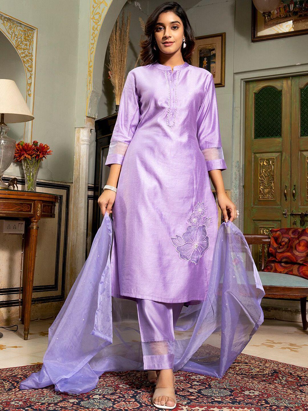 yufta lavender floral patchwork pure silk kurta with trousers & with dupatta