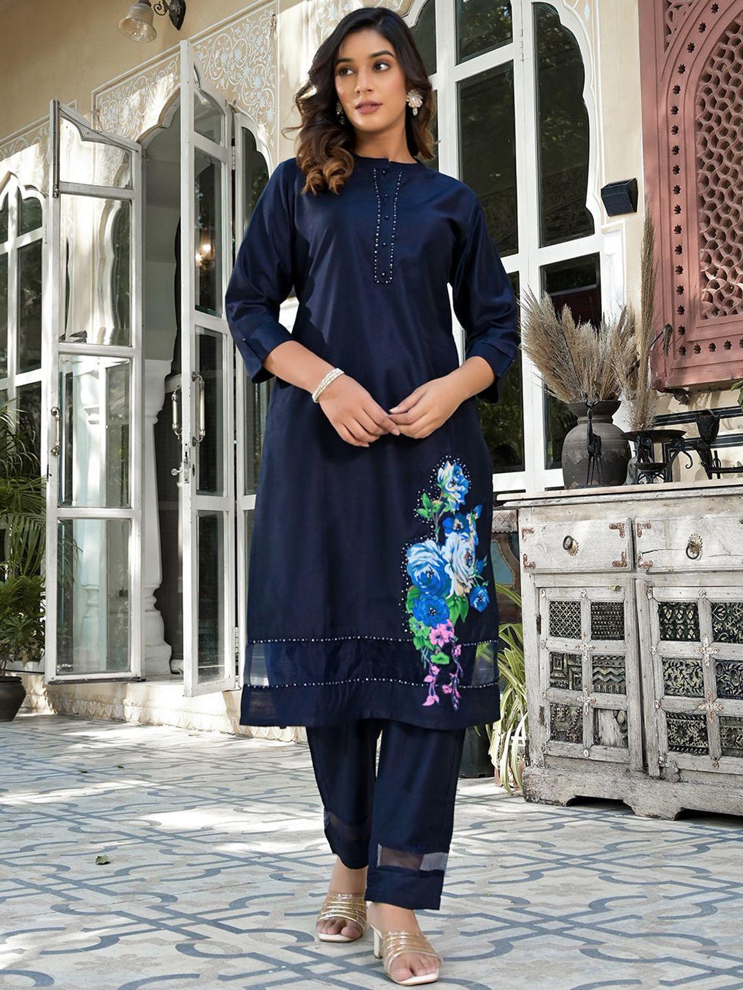 yufta navy blue floral patchwork pure silk kurta with trousers