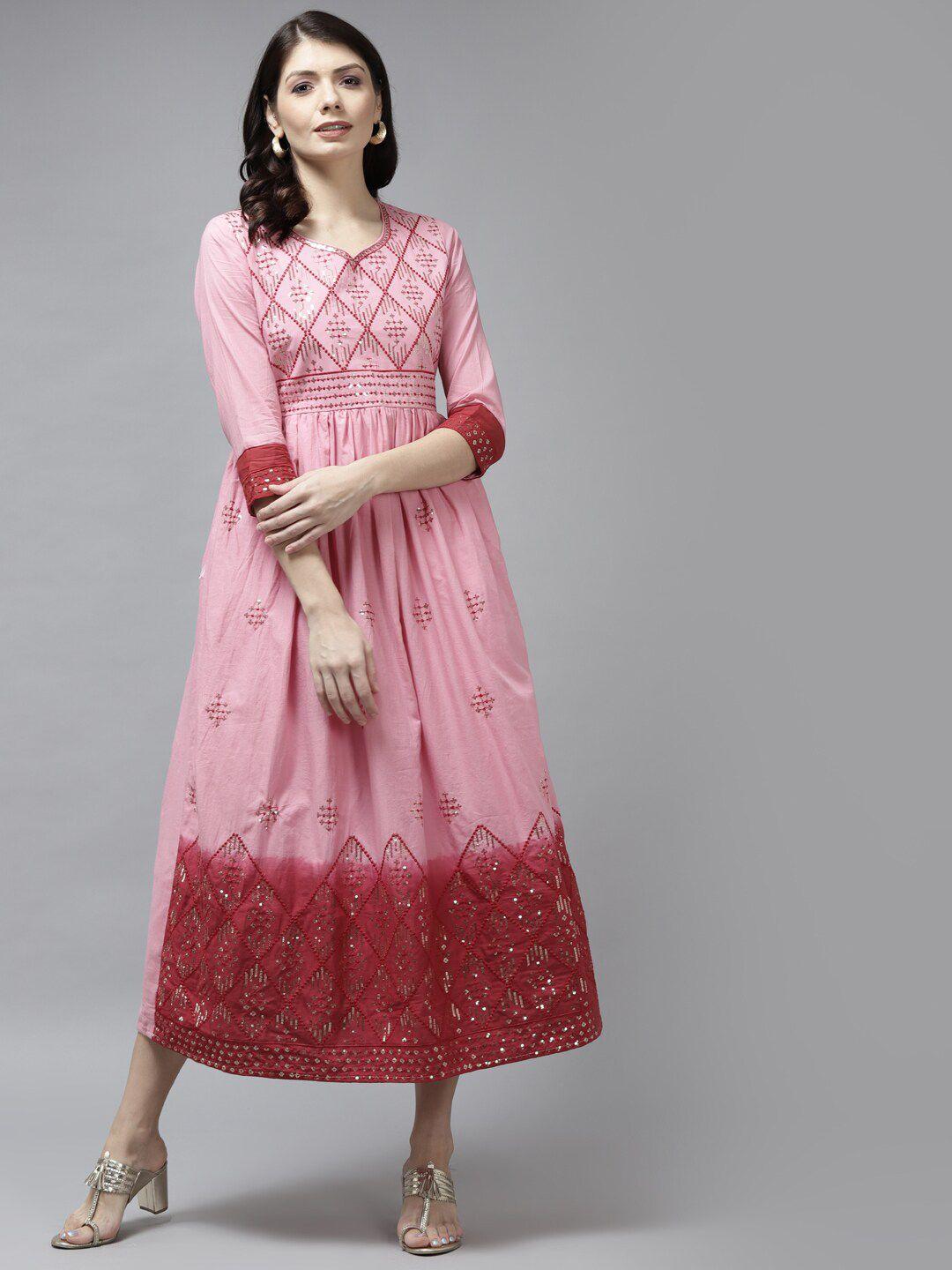 yufta pink & red ethnic motifs embellished empire pure cotton midi dress