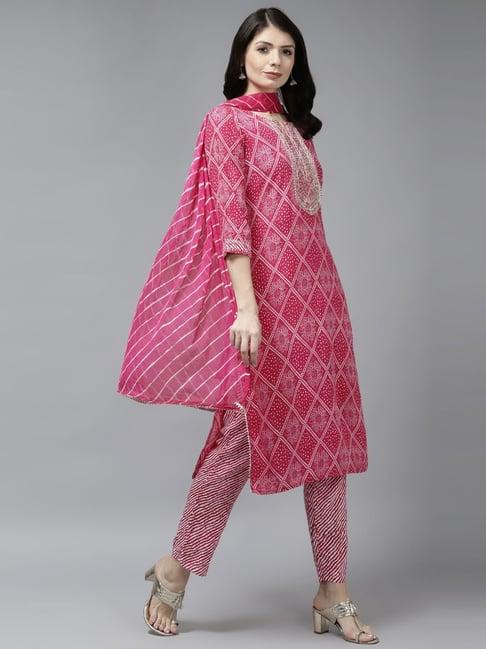 yufta pink cotton zari work kurta pant set with dupatta