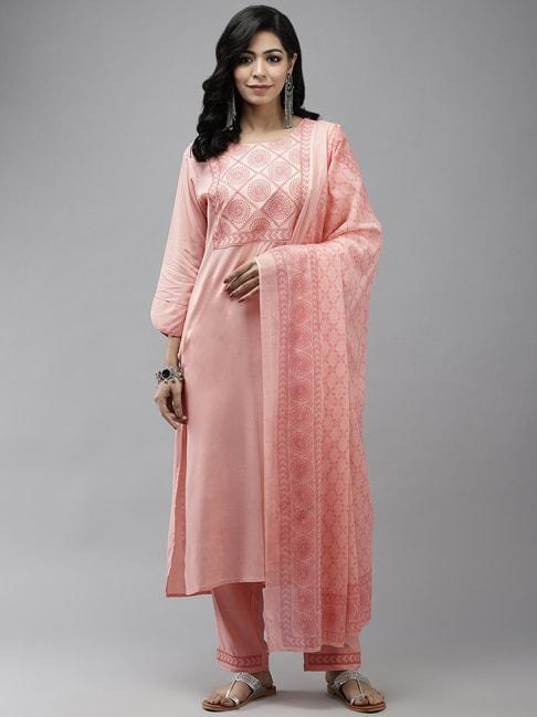 yufta pink embroidered kurta pant set with dupatta