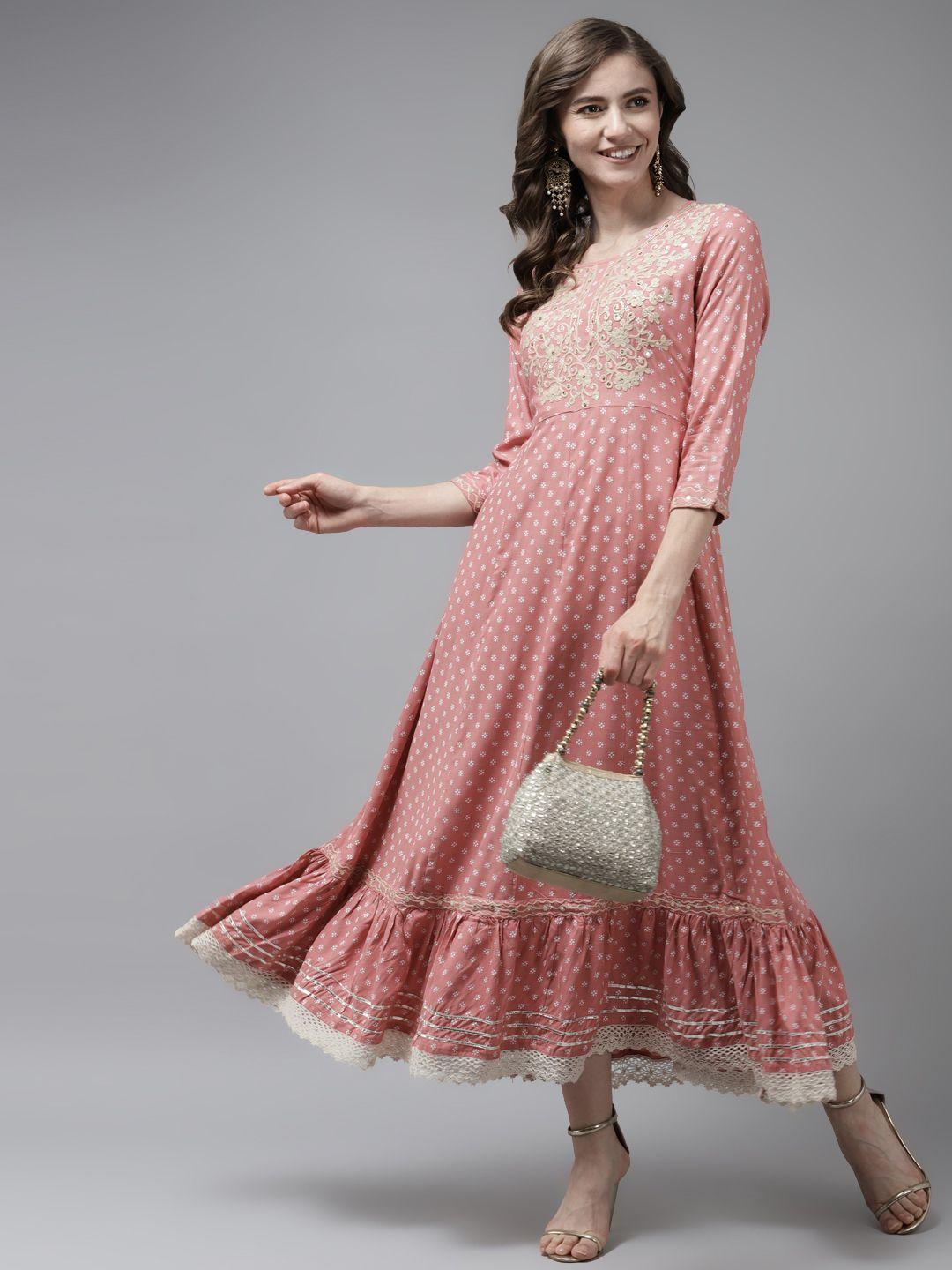 yufta pink ethnic motifs printed embroidered detail maxi fit & flare dress