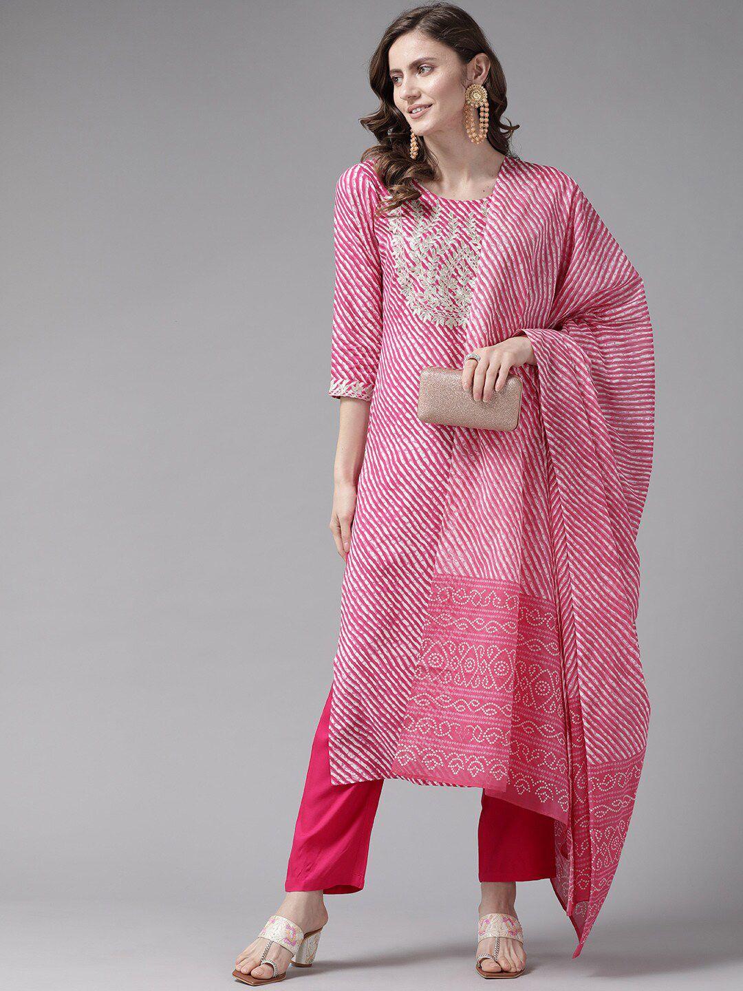 yufta pink leheriya printed thread work kurta with trousers & dupatta