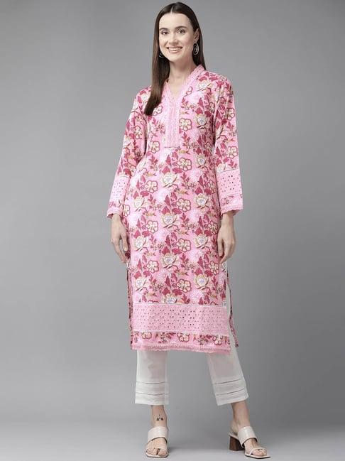 yufta pink pure cotton floral print kurta pant set