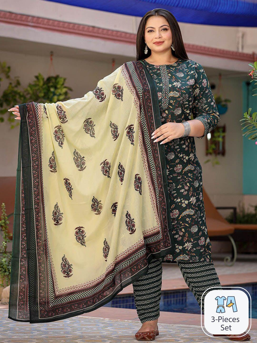 yufta plus size floral printed pure cotton straight kurta & trousers with dupatta