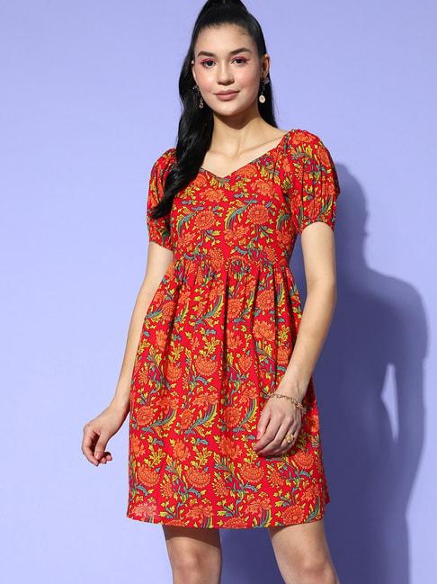 yufta red pure cotton floral print a-line dress