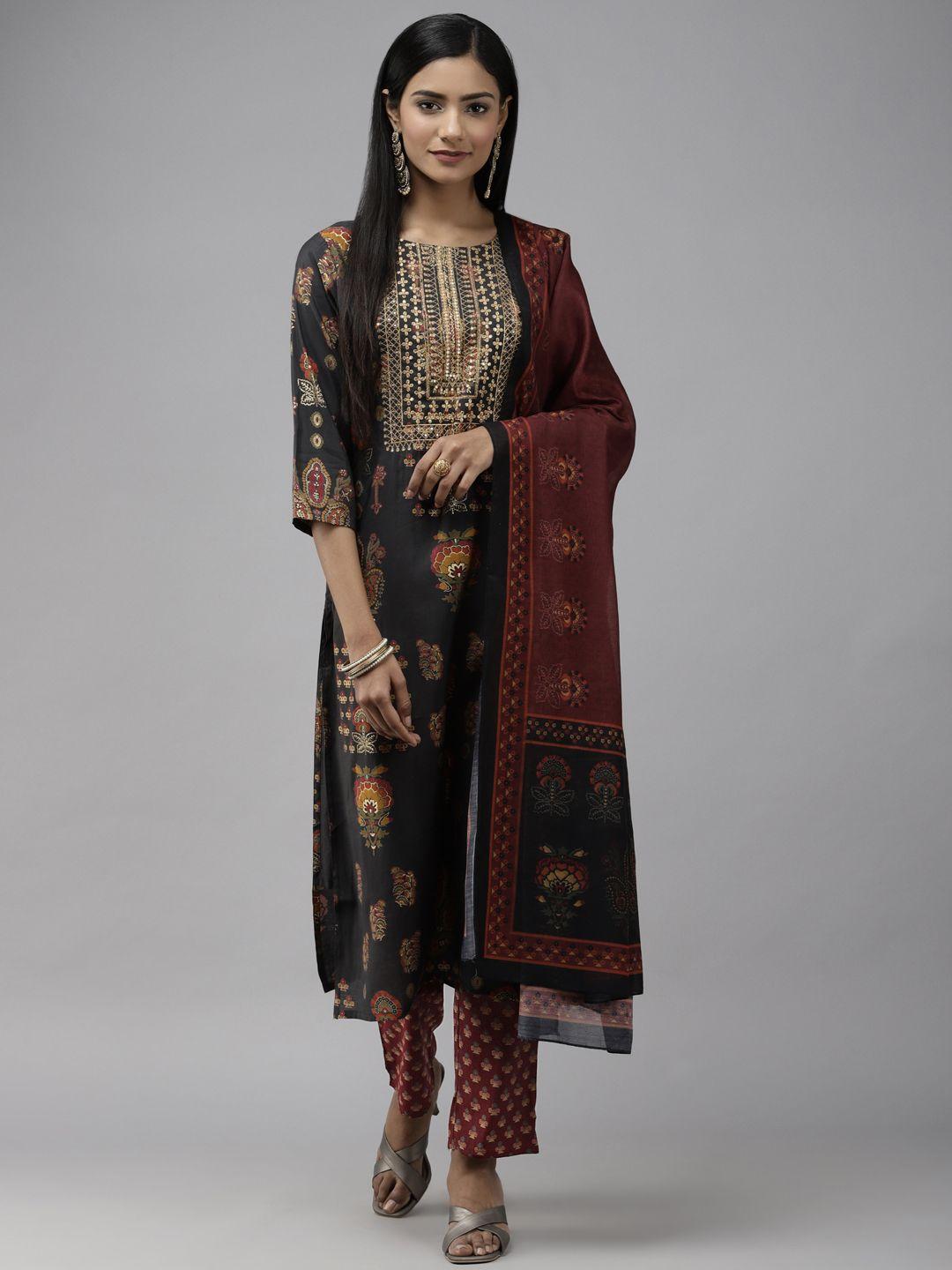 yufta women black ethnic motifs printed sequinned kurta set