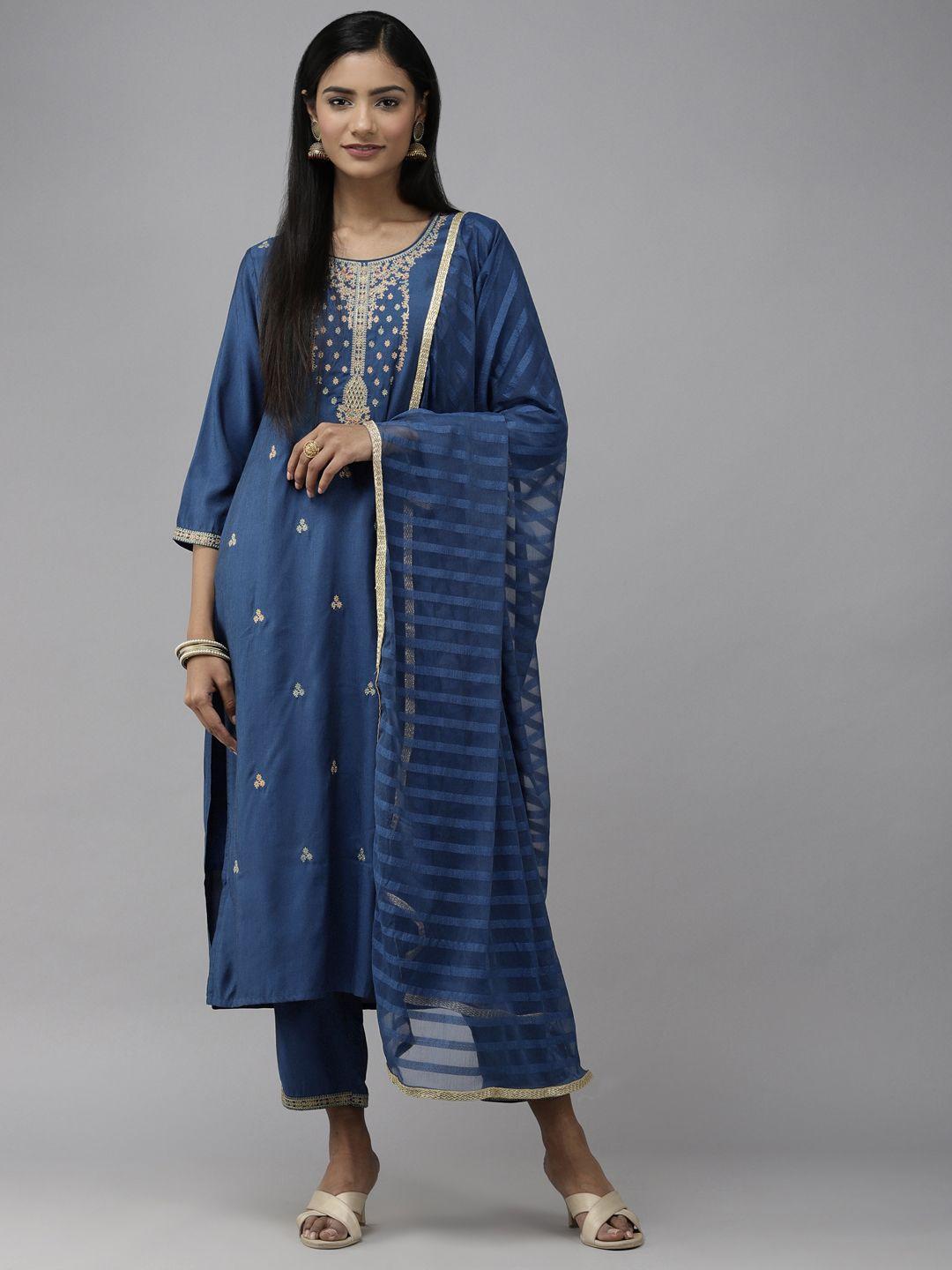 yufta women blue ethnic motifs embroidered kurta set