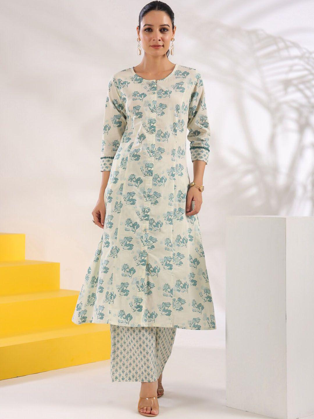 yufta women blue floral printed straight pure cotton kurta with trousers