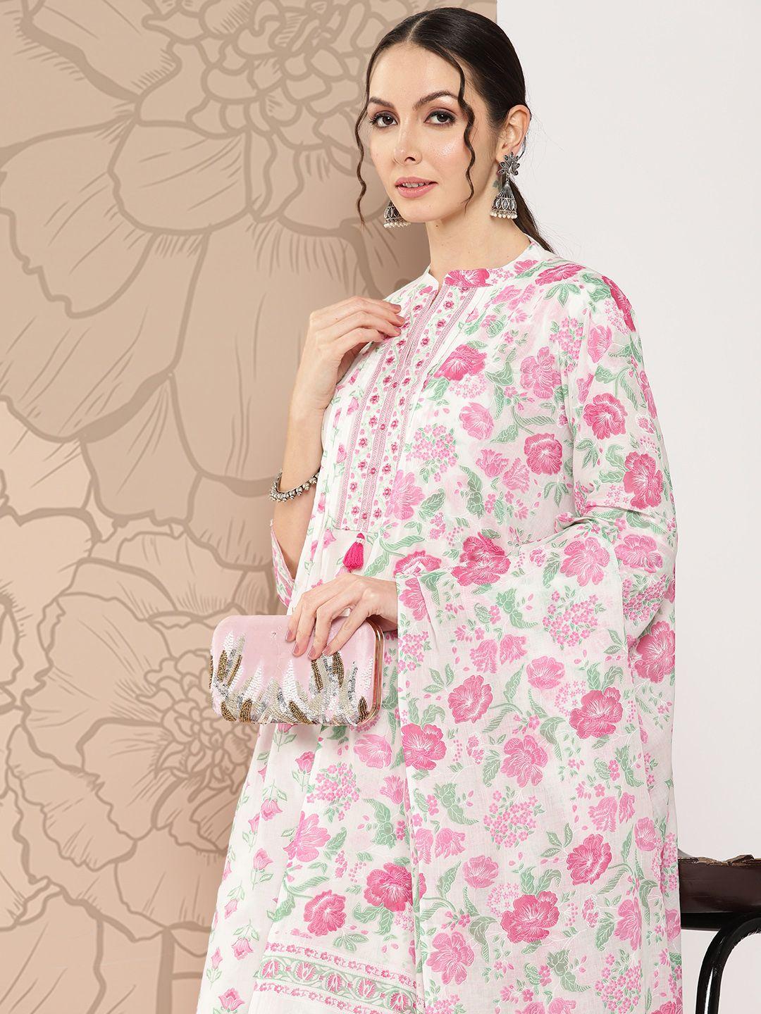 yufta women floral embroidered regular mirror work pure cotton kurta set