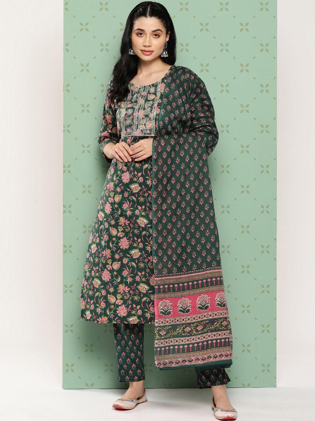 yufta women floral printed regular sequinned pure cotton kurta with trousers & with dupatta